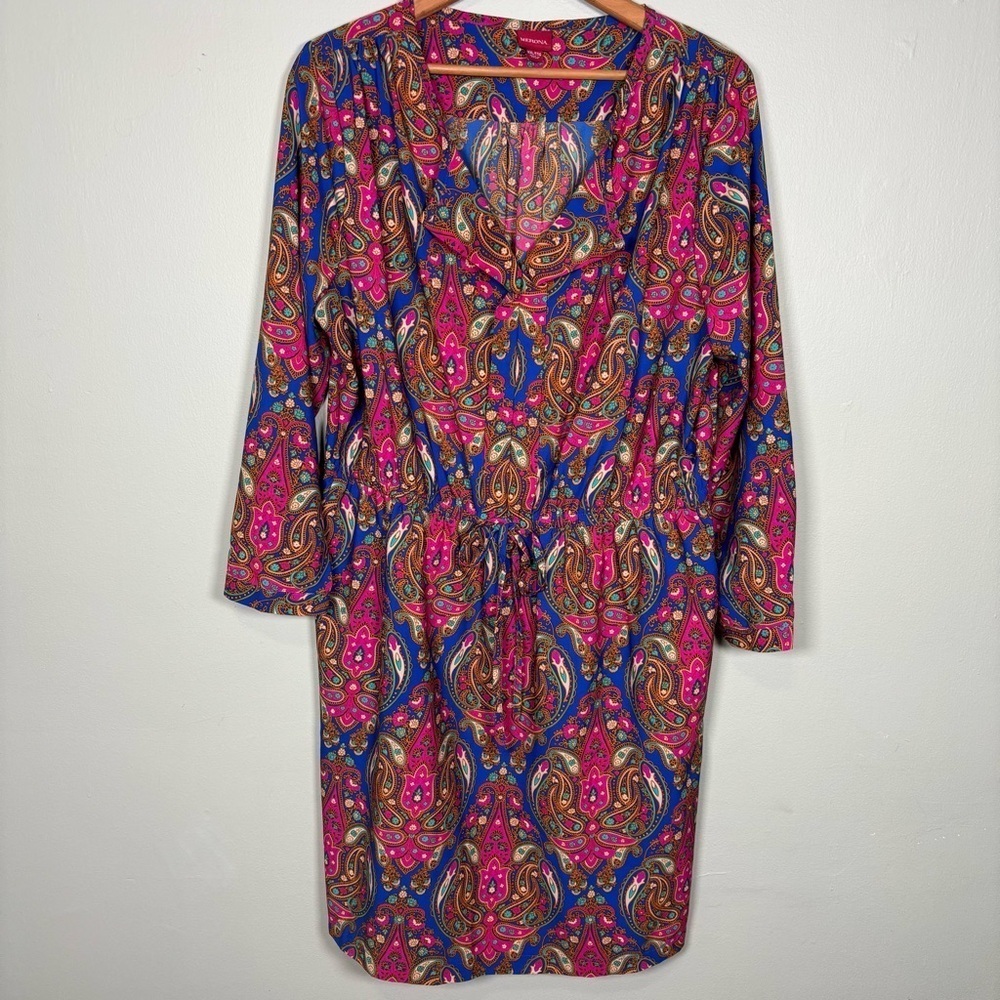 Merona Paisley Drawstring Waist Long Sleeve Shirt Dress-Pink/Blue-Women XXL